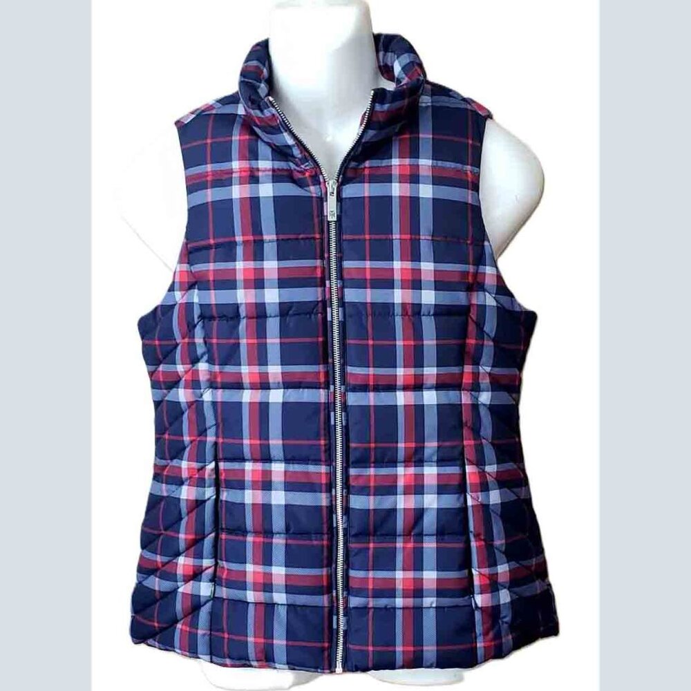 NEW Tommy Hilfiger Quilted Vest Zip Front Red White Blue Plaid Men's Size Small